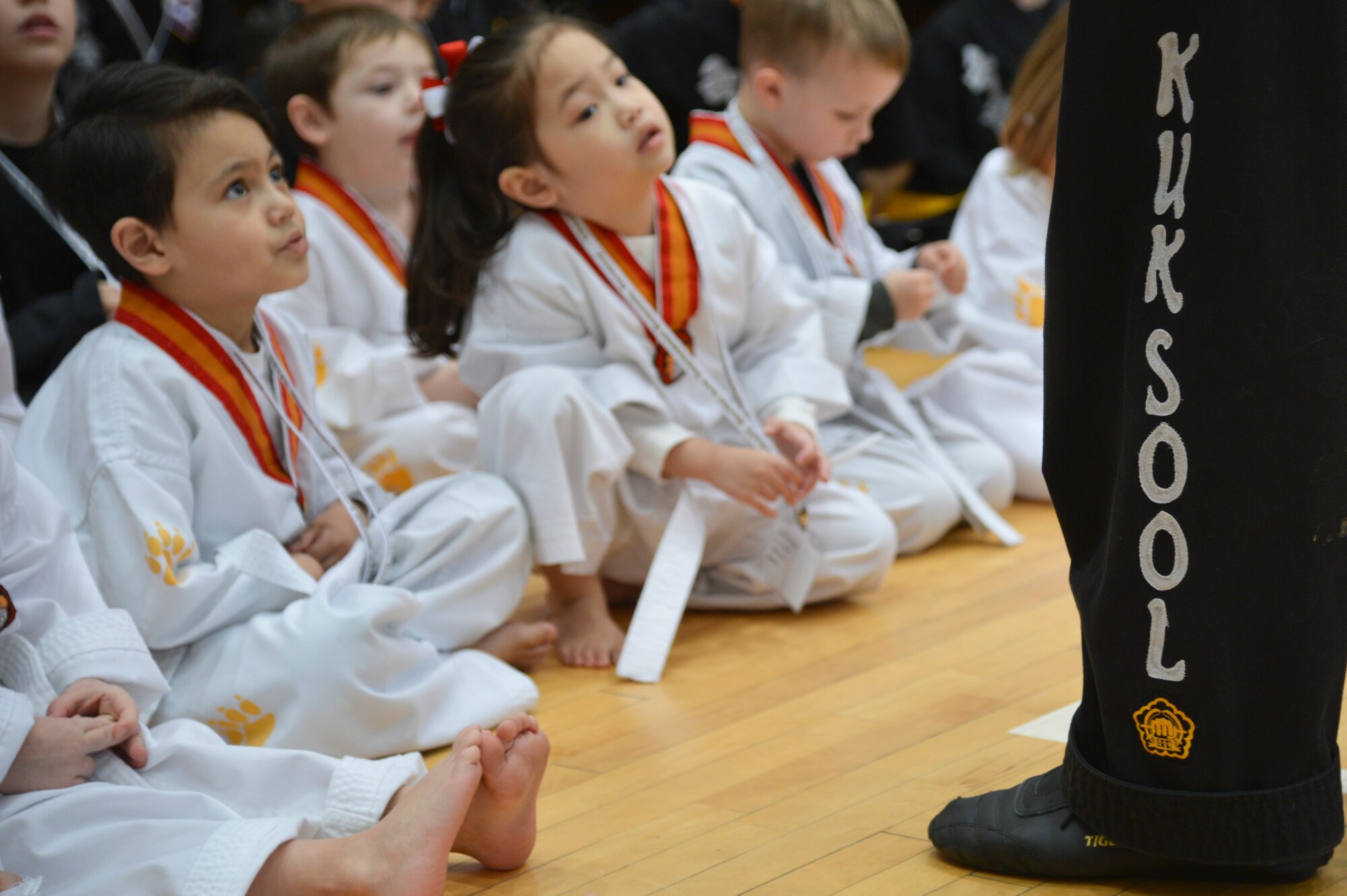 Michael Grimes, 603rd Air and Space Operations Center weapons system manager, prepares his Kuk Sool Won martial arts class for the 13th annual U.S. Air Forces in Europe Air Forces Africa Martial Arts Tournament on Ramstein Air Base, Germany, Feb. 23, 2013. The USAFE-AFAFRICA Martial Arts Tournament is a way for all participants ages 3 to 18 to test their martial art skills against their peers. (U.S. Air Force photo/Airman 1st Class Jordan Castelan)