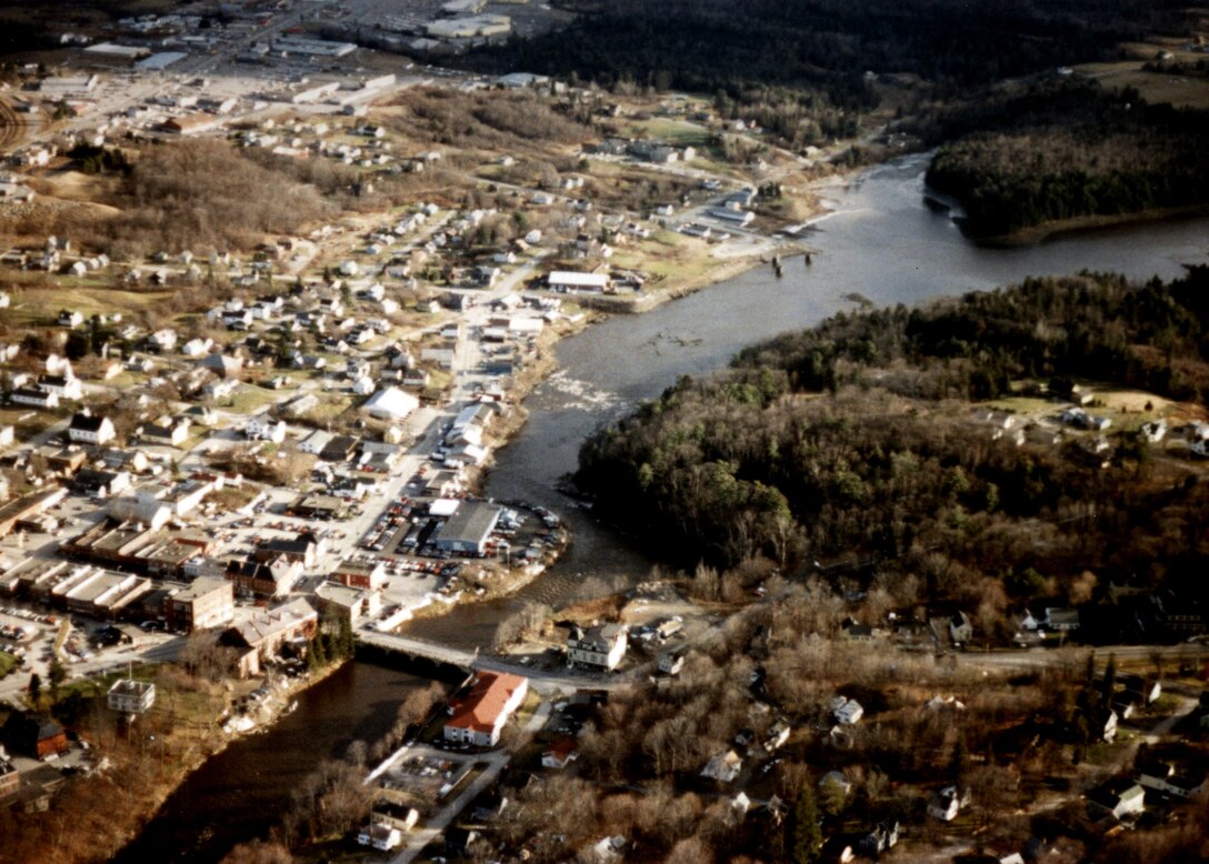 Aerial view of The Union River. The Union River flows southerly from Graham Lake, through Ellsworth, to Union River Bay, which is one of four northern arms of Blue Hill Bay and is located about 12 miles northwest of Bar Harbor, ME.