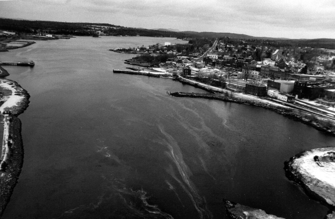 Aerial view of Saint Croix River. The Saint Croix River rises from East Grand Lake at Forest City and flows southeasterly for 92 miles before emptying into Passamaquoddy Bay. Throughout its entire length, the river forms the easternmost part of the international boundary between the United States and Canada. For its last several miles, the river forms the boundary between Calais and St. Stephen, New Brunswick. Photo was taken in Dec. 1987.