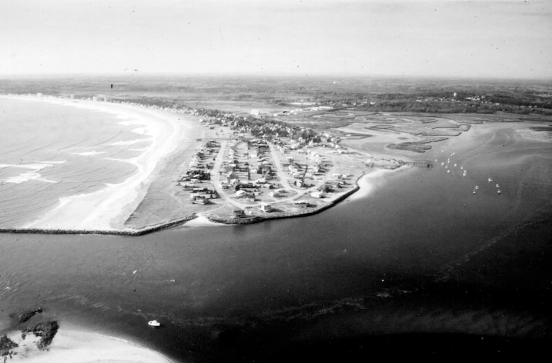 Aerial view of Scarborough River.The Scarborough River in Scarborough empties into Pine Point Harbor at Saco Bay, between the Pine Point and Prouts Neck sections of the town, situated about eight miles south of Portland, ME.  Photo was taken in Dec. 1987.