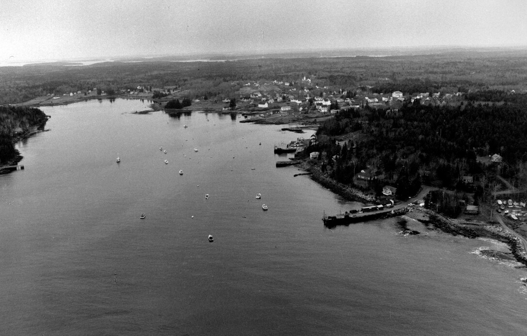 Aerial view of Tenants Harbor. Tenants Harbor in Saint George is located about 12 miles southwest of Rockland Harbor, ME.  Photo was taken in Dec. 1987.