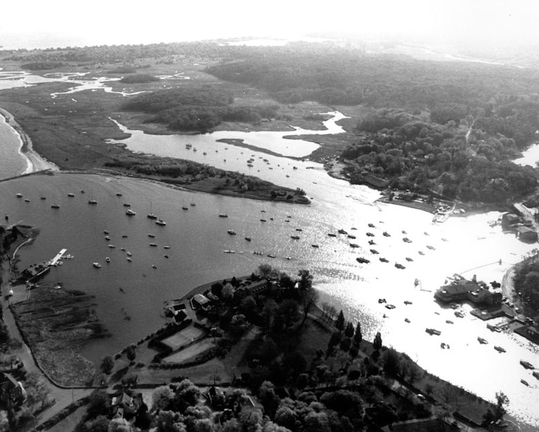 Aerial view of Cohasset River. Cohasset Harbor is located about ten miles south of Boston Harbor, MA.  Photo was taken Nov. 1987. 