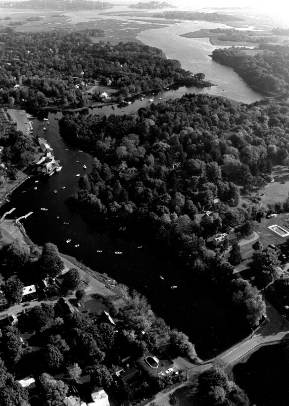 Aerial view of Ipswich River. The Ipswich River in Ipswich is located about nine miles south of Newburyport and flows into Ipswich Bay, MA.  Photo was taken in Oct. 1987.