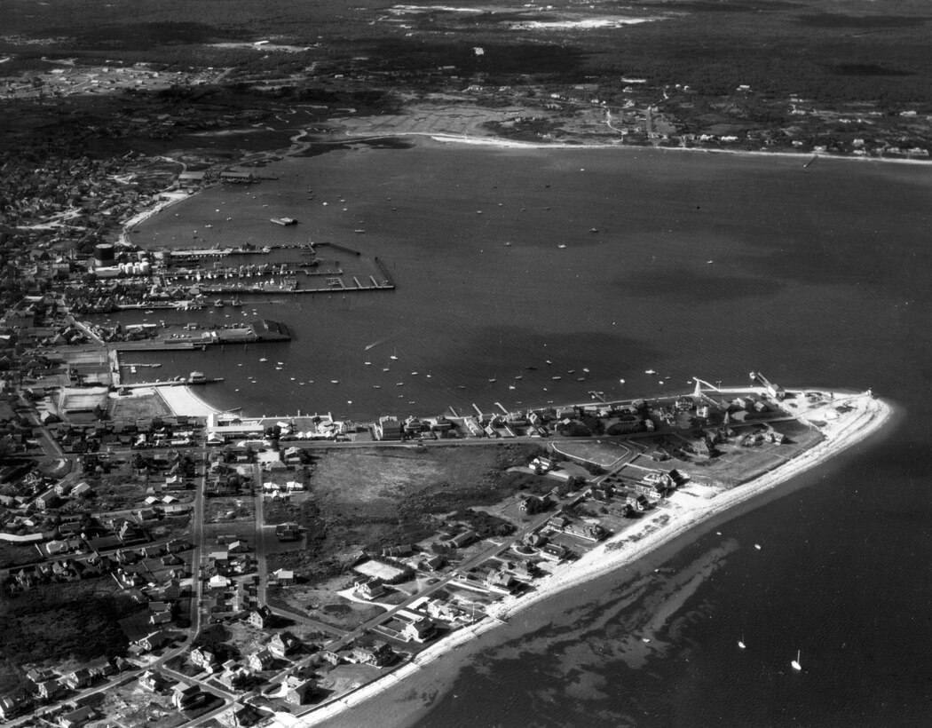 Aerial view of Nantucket Harbor, MA.  Nantucket Harbor is located along the northern shore of Nantucket Island, a prominent recreational resort.  Photo was taken in 1968.