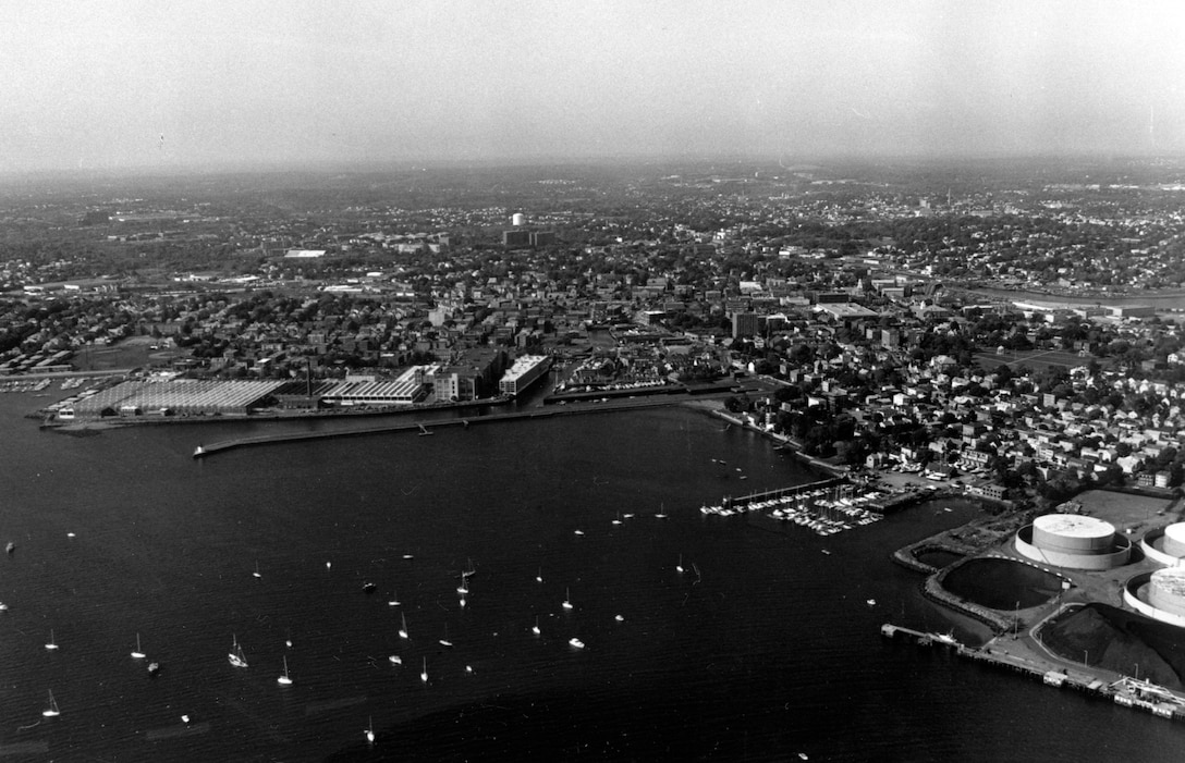 Aerial view of Salem Harbor. Salem Harbor in Salem, a major international seaport from the Revolutionary War to the mid-19th century, today is a commercial and recreational port located on Boston's North Shore, MA.  Photo was taken in Oct. 1987.