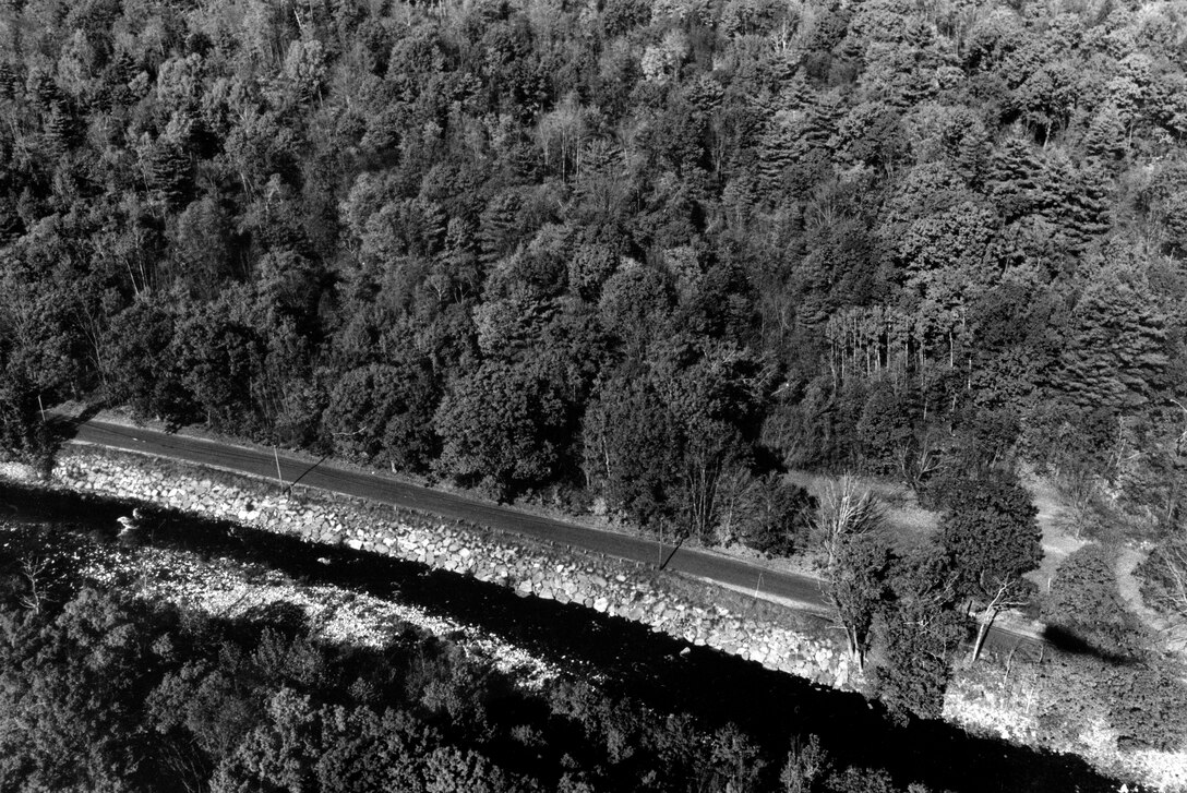 Aerial view of Huntington LPP. The project in Huntington is located along the West Branch of the Westfield River adjacent to Old Chester Road, about one mile west of Huntington center. It is about 20 miles north­west of Springfield, MA. Photo was taken in Oct. 1987.