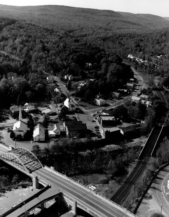 Aerial view of West Branch of the Westfield River. The project on the West Branch of the Westfield River in Huntington is situated at the western end of the railroad bridge that crosses the river immediately upstream of the town center, MA.