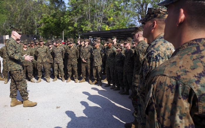 U.S. Marine Brig. Gen. Niel E. Nelson visited the members of 3rd Marine Logistics Group Feb. 19 in Sattahip, Kingdom of Thailand. Nelson spoke about the great work his Marines are doing and the overall importance of exercise Cobra Gold 2013. Nelson is the commanding general of 3rd Marine Logistics Group, III Marine Expeditionary Force. CG 13, in its 32nd iteration, is the largest multinational exercise in the Asia-Pacific region that demonstrates commitment to building interoperability with participating nations and to supporting peace and stability in the region.