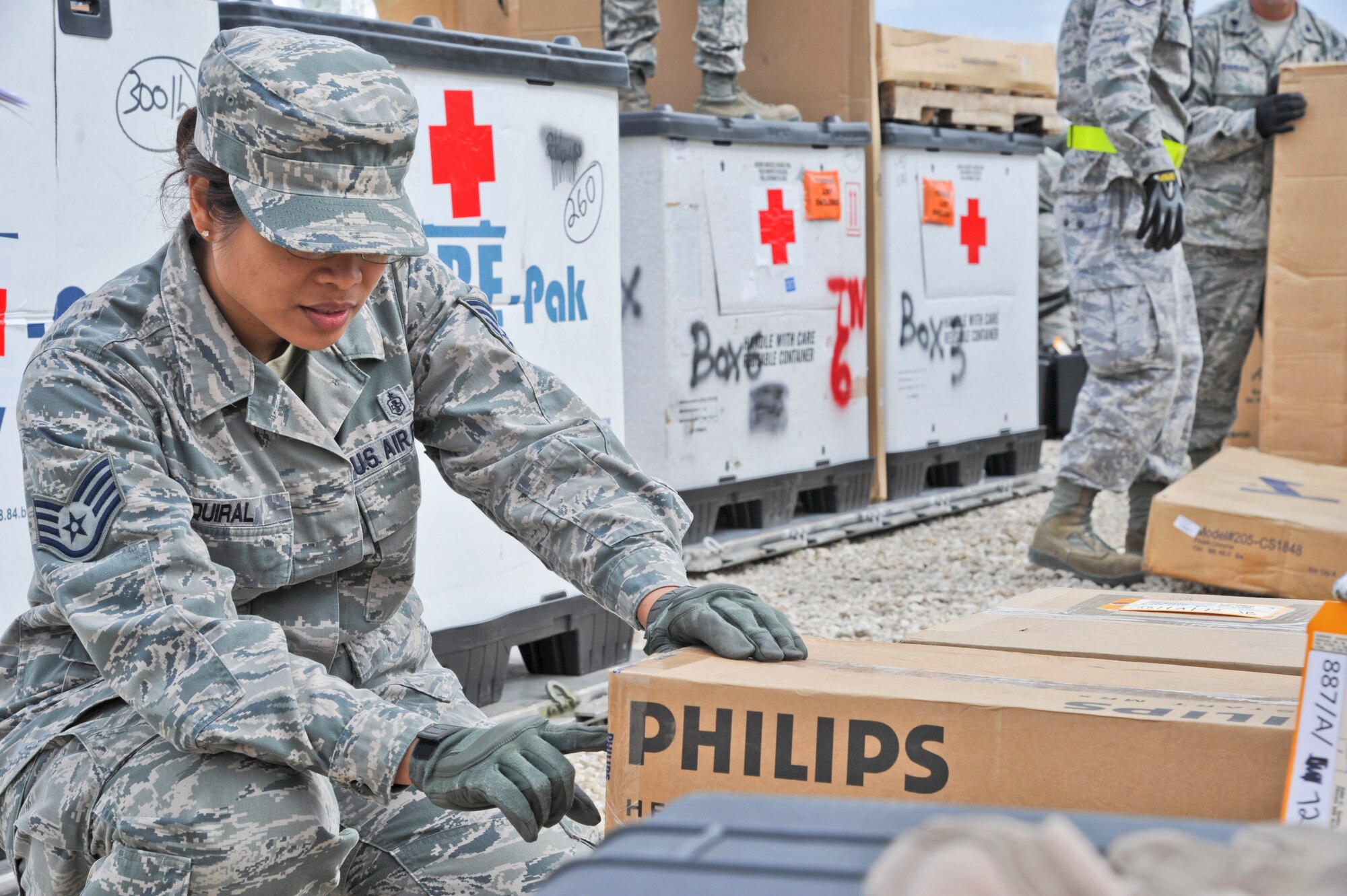U.S. Air Force Staff Sgt. Lorena Quiral, 18th Aeromedical Evacuation Squadron,  inventories medical equipment at the Joint Readiness Training Center, Fort Polk, La., Feb. 18, 2013. Service members at JRTC 13-04 are educated in combat patient care and aeromedical evacuation in a simulated combat environment. (U.S. Air Force photo by Tech Sgt. Francisco V. Govea II/Released)