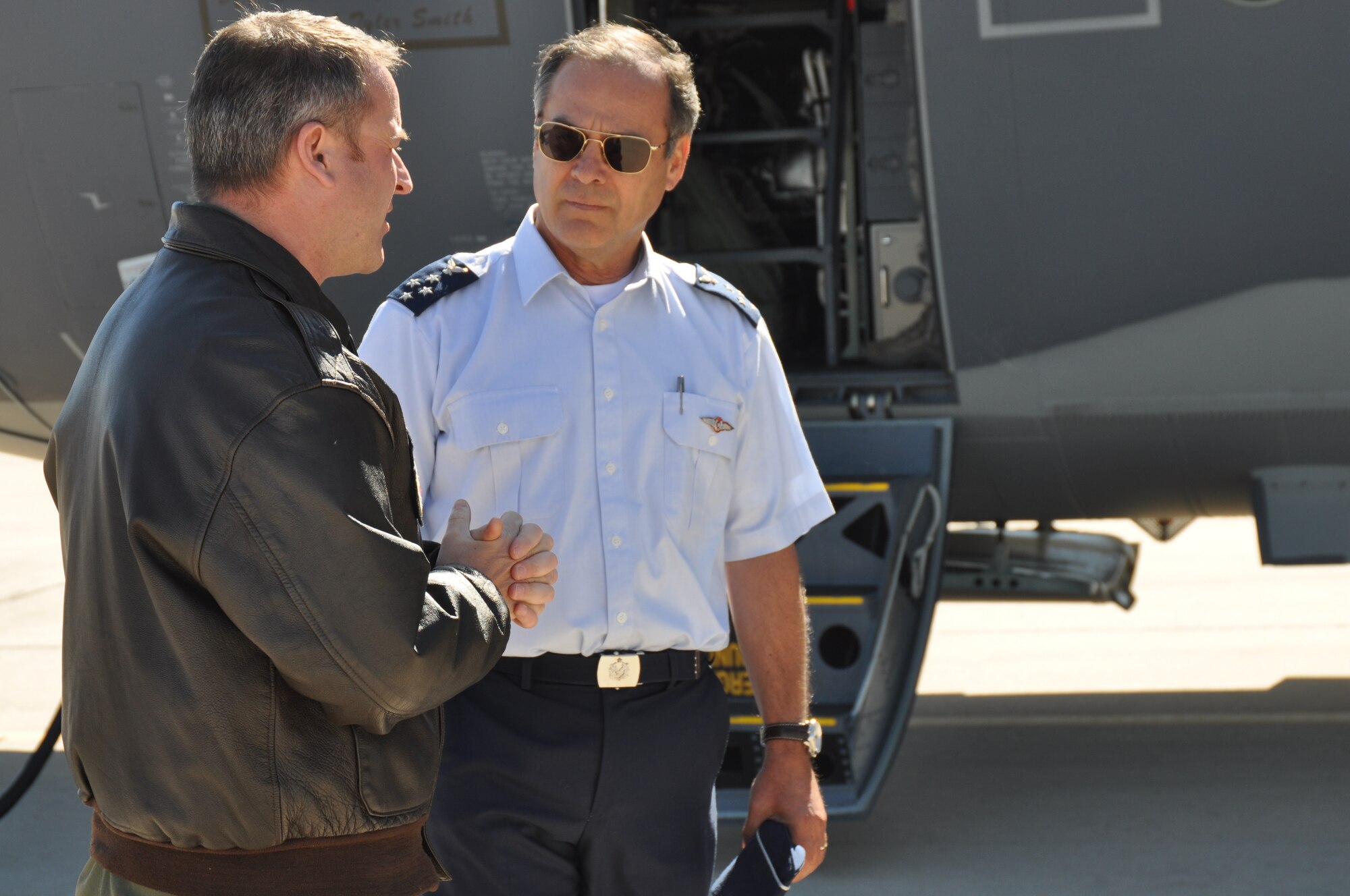 Lt. Col Stephen Moyes, 563d Rescue Group deputy commander, briefs Gen. Jorge Rojas, Commander in Chief, Chilean Air Force, on the capabilities of the HC-130J on Davis-Monthan AFB, Ariz., Feb. 25. General Rojas is visiting Air Forces Southern to discuss bilateral relations and building partnerships during the Latin American Interoperability Workshop, Feb. 25 – 28. (U.S. Air Force photo by Master Sgt. Kelly Ogden/Released). 