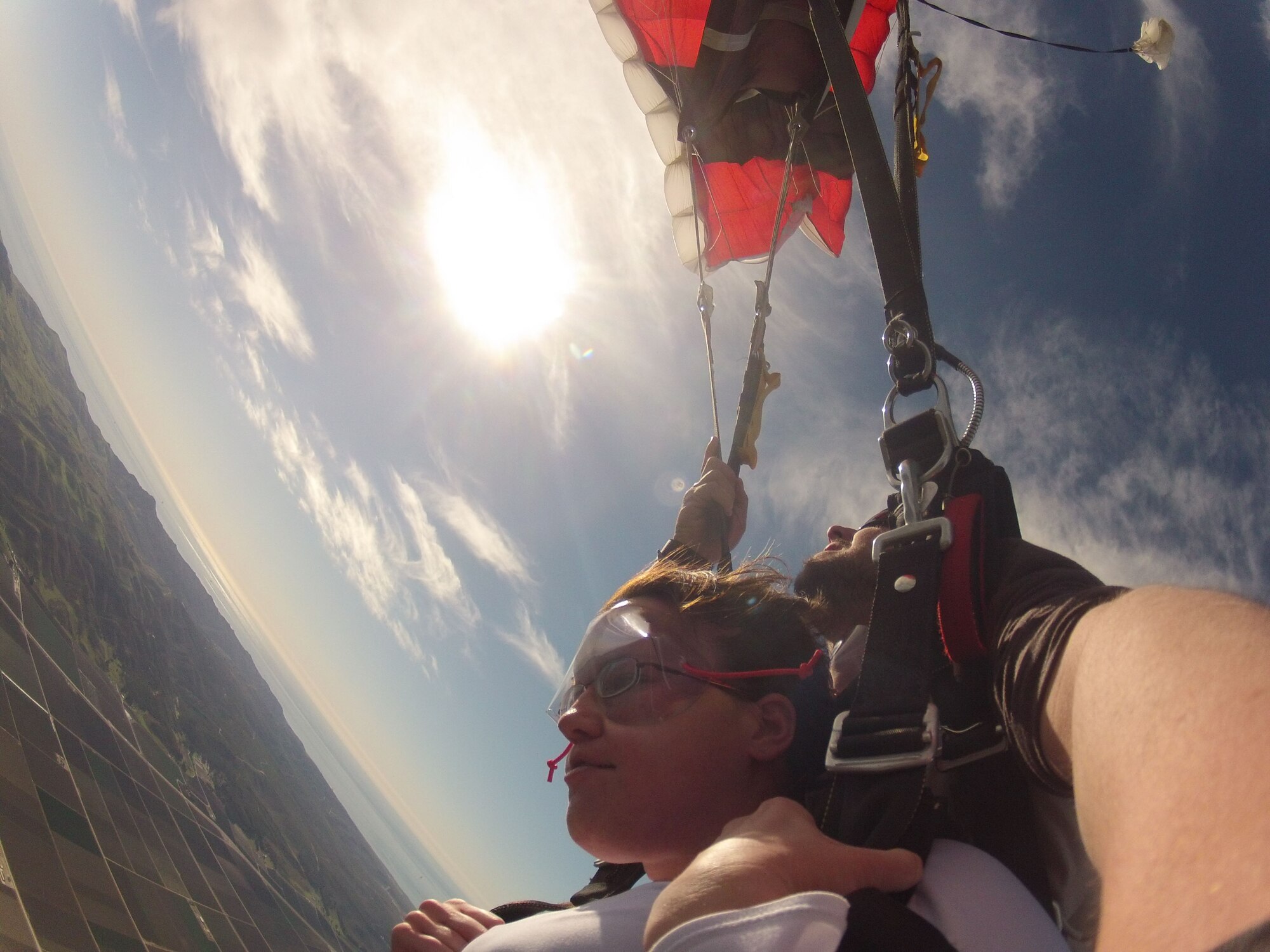LOMPOC, Calif. - Senior Airman Lael Huss, 30th Space Wing photojournalist, parachutes while skydiving at the Santa Barbara Skydiving here Saturday, Feb. 16, 2013. Huss took the opportunity to skydive after being emailed by the 30th Force Support Squadron's Single Airmen's Initiative with the opportunity to skydive for free. (Courtesy Photo)