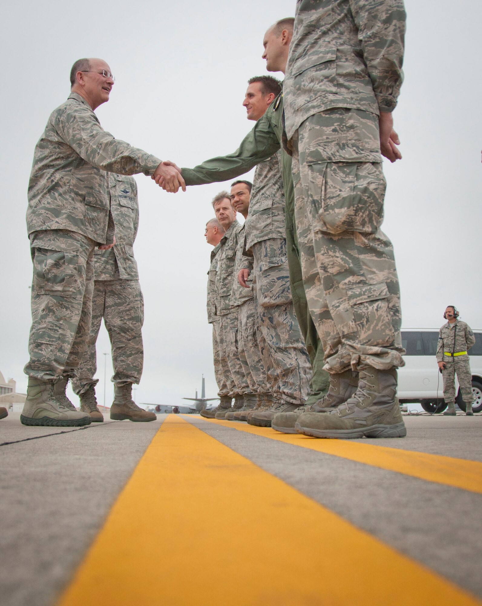 MACDILL AIR FORCE BASE, Fla. – Lieutenant Gen. James Jackson, commander of Air Force Reserve Command, greets Airmen on the flight line here during a visit to MacDill Air Force Base February 20, 2013.  (Official U.S. Air Force photo/Staff Sgt. Shawn Rhodes) 