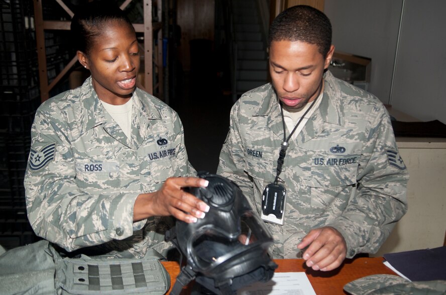 U.S. Air Force Staff Sgt. D’Jon Green, 23d Equipment Maintenance Squadron sheet metal journeyman, checks his gas mask at Moody Air Force Base, Ga., Feb. 7, 2013. The 23d LRS IPE flights issues IPE to Moody Airmen and are one of the first steps to preparing for the exercise. (U.S. Air Force Photo by Airman Paul Francis/Released)
