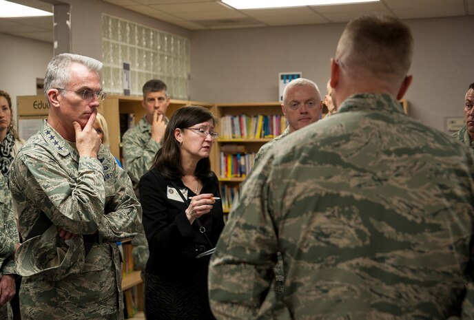 Ricki Selva, wife of Gen. Paul Selva, Air Mobility Command commander, discusses options for home-schooled children and their participation in local school sports during a briefing at the Airman and Family Readiness Center, Feb. 13, 2013, at Joint Base Charleston, S.C. The Selvas and Chief Master Sgt. Richard Kaiser, AMC command chief, arrived at JB Charleston, Feb. 13, 2013, for a three-day visit of JB Charleston. (U.S. Air Force photo/Senior Airman Dennis Sloan