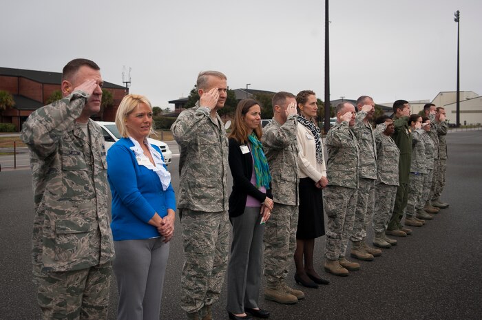 Joint Base Charleston leadership salute Gen. Paul Selva, Air Mobility Command commander, as his aircraft arrives Feb. 13, 2013, at JB Charleston – Air Base, S.C. The general’s visit provided him the opportunity to see the Total Force Concept of JB Charleston in action. He met with active duty and Reserve Airmen on the flight line, as well as service members from every branch of the armed forces, working together throughout the Air Base and Weapons Station. (U.S. Air Force photo/Senior Airman Dennis Sloan)