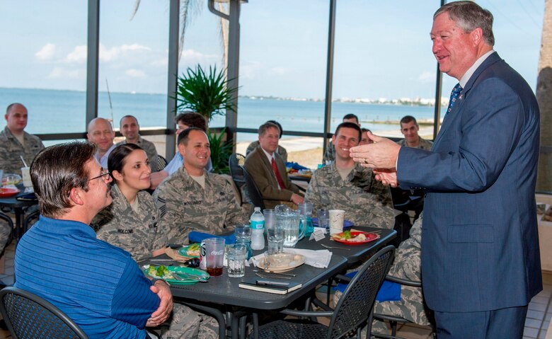 Secretary of the Air Force Michael Donley speaks to military and civilian leaders and award nominees during lunch at the Riverside Dining Facility at Patrick Air Force Base, Fla., Feb. 21, 2013 In addition to having lunch with wing personnel, Donley also toured various locations around the base and held an “Airman’s call” to discuss the latest challenges affecting the service. (U.S. Air Force Photo/Matthew Jurgens)