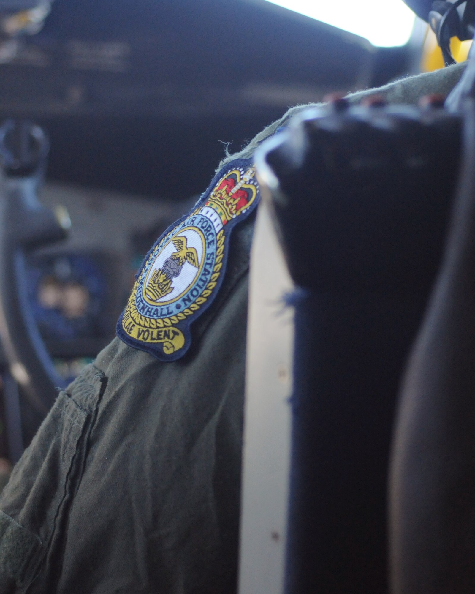 An RAF Mildenhall patch worn by 1st Lt. Steven Beaulieu, 351st Air Refueling Squadron copilot and scheduler, Feb. 22, 2013, over Scotland. Beaulieu hails from Bedford, Texas, and currently helps conduct refueling missions with the 100th Air Refueling Wing at RAF Mildenhall, England. (U.S. Air Force photo by 1st Lt. Christopher Mesnard/Released)