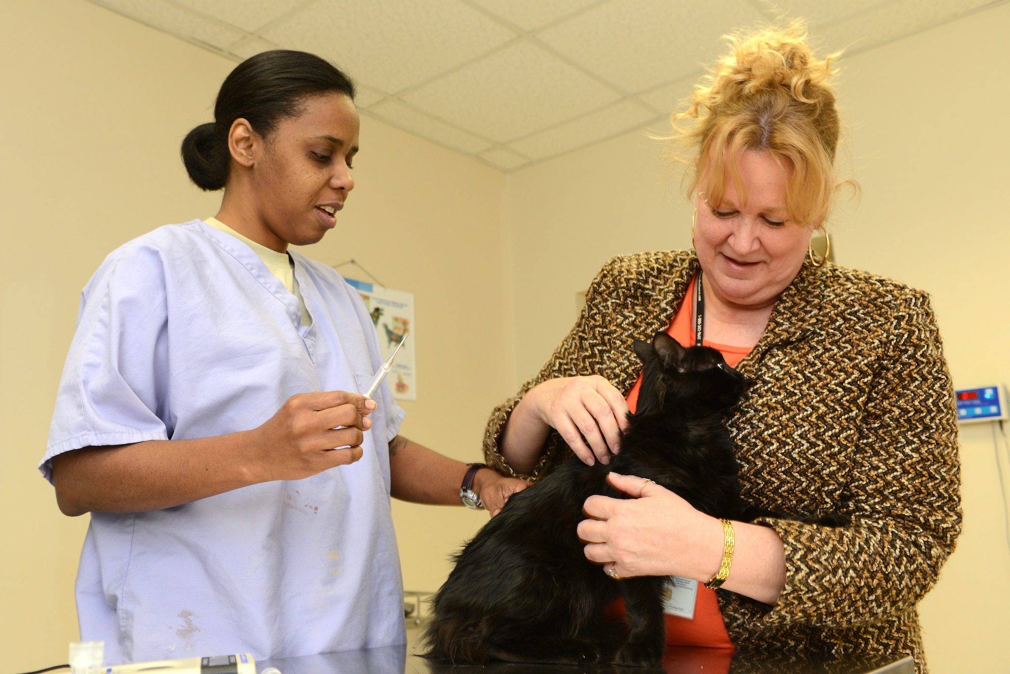 U.S. Army Staff Sgt. Monique Tercero, 39th Medical Group NCO in charge of the Veterinary Clinic, prepares to administer a vaccination to a cat with Kae Perez, 39th Comptroller Squadron non-appropriated funds financial analyst, Feb. 22, 2013, at Incirlik Air Base, Turkey. Perez’s cat, Mehmet, was recently adopted and needed updated vaccinations.  All pets must be registered and microchipped at the Veterinary Clinic within 10 days of arrival to Incirlik. (U.S. Air Force photo by Tech. Sgt. Dallas Edwards/Released)