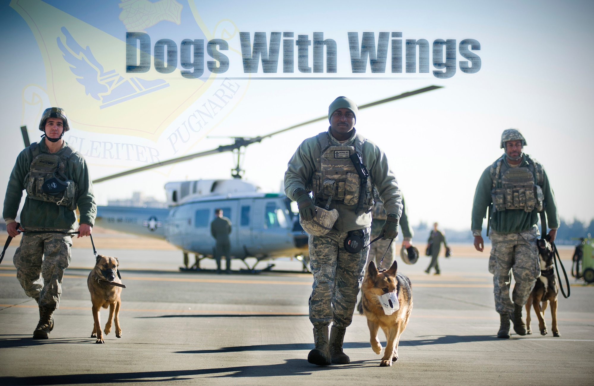 YOKOTA AIR BASE, Japan -- Military working dog handlers from the 374th Security Force Squadron walk away from a UH-1N Huey helicopter during fly-away security team training at Yokota Air Base, Japan, Feb. 25, 2013. The real work of the FAST security team members comes when their aircraft lands. From there, the team must stay vigilant until the mission is complete. (U.S. Air Force photo by Staff Sgt. Stacy Moless)