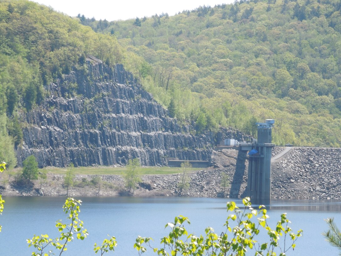 The gatehouse at Colebrook Dam, Riverton, Conn., which is located on the Farmington River, and is a part of a network of flood control dams on tributaries of the Connecticut River. Completed in 1969 at a cost of $14.3 million, the amount of water stored at Colebrook River Lake can fluctuate substantially. The pool, used for both water supply and fishery habitat, normally covers an area of about 750 acres. Colebrook River Lake can store up to 16.56 billion gallons of water for flood risk management purposes.