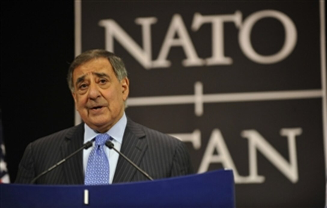 Secretary of Defense Leon E. Panetta holds a press conference after participating in two days of meetings with defense leader counterparts from other NATO member nations at NATO headquarters in Brussels, Belgium, on Feb. 22, 2013.  The current International Security Assistance Force mission and the follow-on NATO mission in Afghanistan are the central topic of group meetings and Panetta’s own one-on-one discussions with allied and partner ministers here this week.  