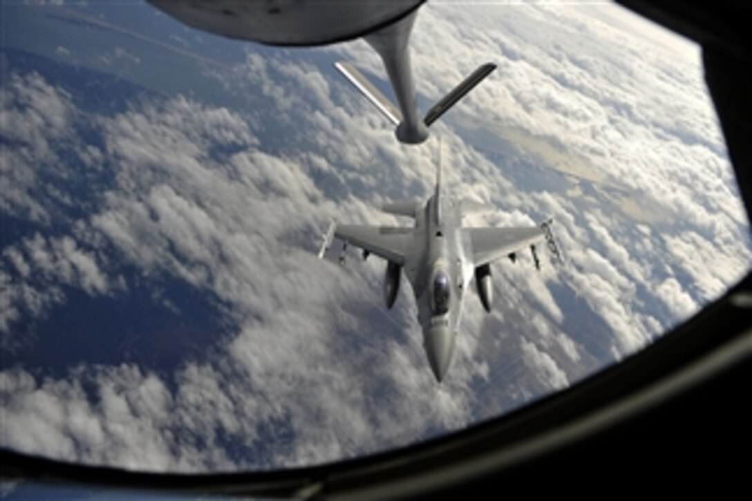 A U.S. Air Force F-16 Fighting Falcon approaches the refueling boom in preparation for aerial refueling during Exercise Razor Talon at Seymour Johnson Air Force Base, N.C., on Feb. 7, 2013.  Razor Talon is a monthly, large force exercise and joint-unit training opportunity to employ cutting edge operational concepts such as air-sea and maritime air support on the Atlantic Coast.  