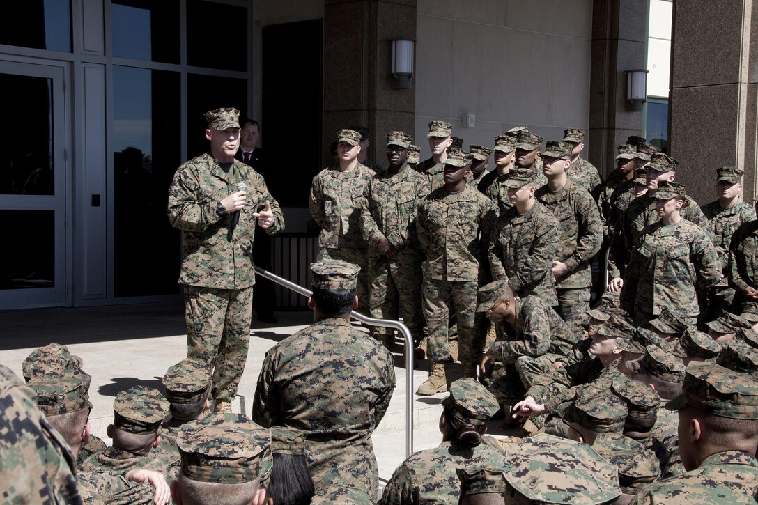 NEW ORLEANS - The 17th Sergeant Major of the Marine Corps, Sgt. Maj. Micheal P. Barrett speaks to Marines at the Marine Corps Support Facility - New Orleans, Feb. 26, 2013.  Barrett discussed the impending sequestration and female pull-up standards before meeting with MARFORRES leadership to prepare for upcoming congressional testimony. (U.S. Marine Corps photo by Lance Cpl. Audrey Graham/RELEASED)