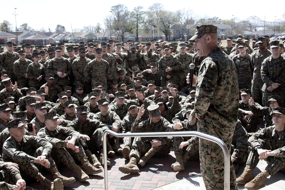 NEW ORLEANS - The 17th Sergeant Major of the Marine Corps, Sgt. Maj. Micheal P. Barrett speaks to Marines at the Marine Corps Support Facility - New Orleans, Feb. 26, 2013.  Barrett discussed the impending sequestration and female pull-up standards before meeting with MARFORRES leadership to prepare for upcoming congressional testimony. (U.S. Marine Corps photo by Lance Cpl. Audrey Graham/RELEASED)