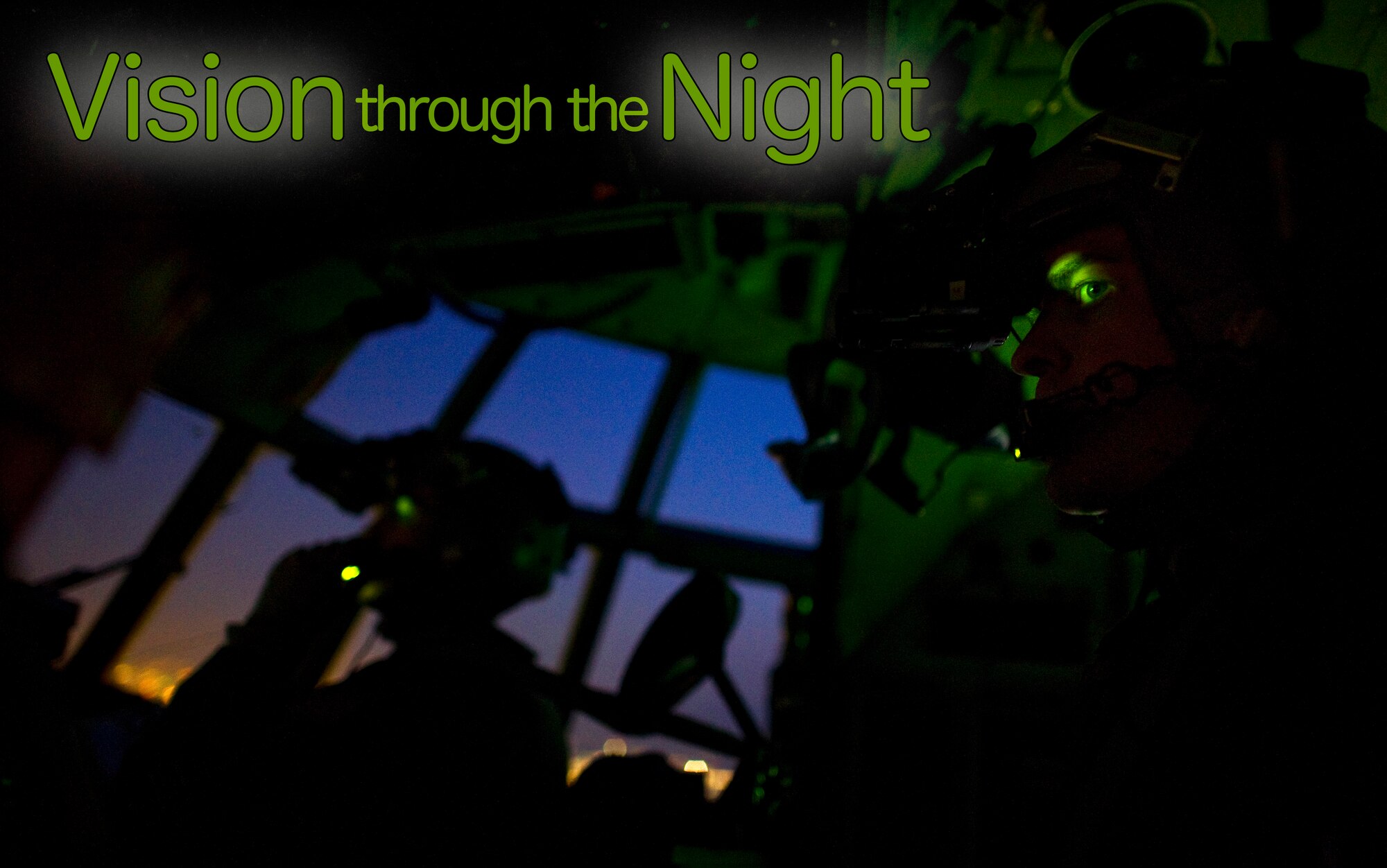 OVER YOKOTA AIR BASE, Japan -- Staff Sgt. Michael Farey, 36th Airlift Squadron flight engineer, speaks with the pilot in the cockpit of a C-130 Hercules cargo aircraft during a night operations exercise over Yokota Air Base, Japan, Feb. 26, 2013. Part of a four-ship sortie, the crew performed simulated drops and several landings and takeoffs all while using night vision goggles. (U.S. Air Force illustration by Staff Sgt. Chad C. Strohmeyer)