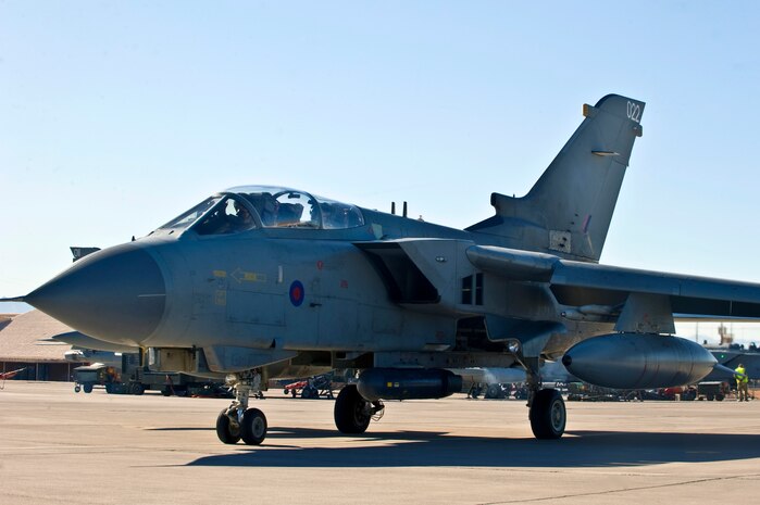 A Royal Air Force 12th Bomber Squadron Tornado GR4 taxis towards the runway during Red Flag 13-3 Feb. 25, 2013, at Nellis Air Force Base, Nev. The Tornado GR4 is a two-seat, day or night, all-weather attack aircraft capable of delivering a wide variety of weapons. The squadron is here to participate in real-world training scenarios with U.S. and Australian counterparts to hone their interoperability. (U.S. Air Force photo by Senior Airman Matthew Lancaster)