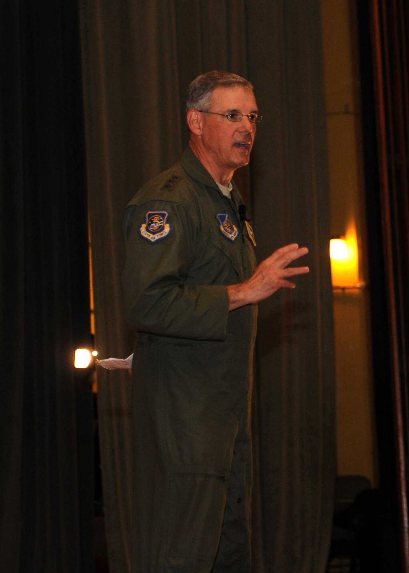 U.S. Air Force Lt. Gen. Sam Angelella, U.S. Forces, Japan, and 5th Air Force commander, speaks to Kadena Airmen during an all-call at the Keystone Theater on Kadena Air Base, Japan, Feb. 25, 2013. During his visit to Kadena, he also had breakfast with Airmen and visited local leaders across Okinawa to discuss team Kadena’s accomplishments. (U.S. Air Force photo/Airman 1st Class Hailey R. Davis)