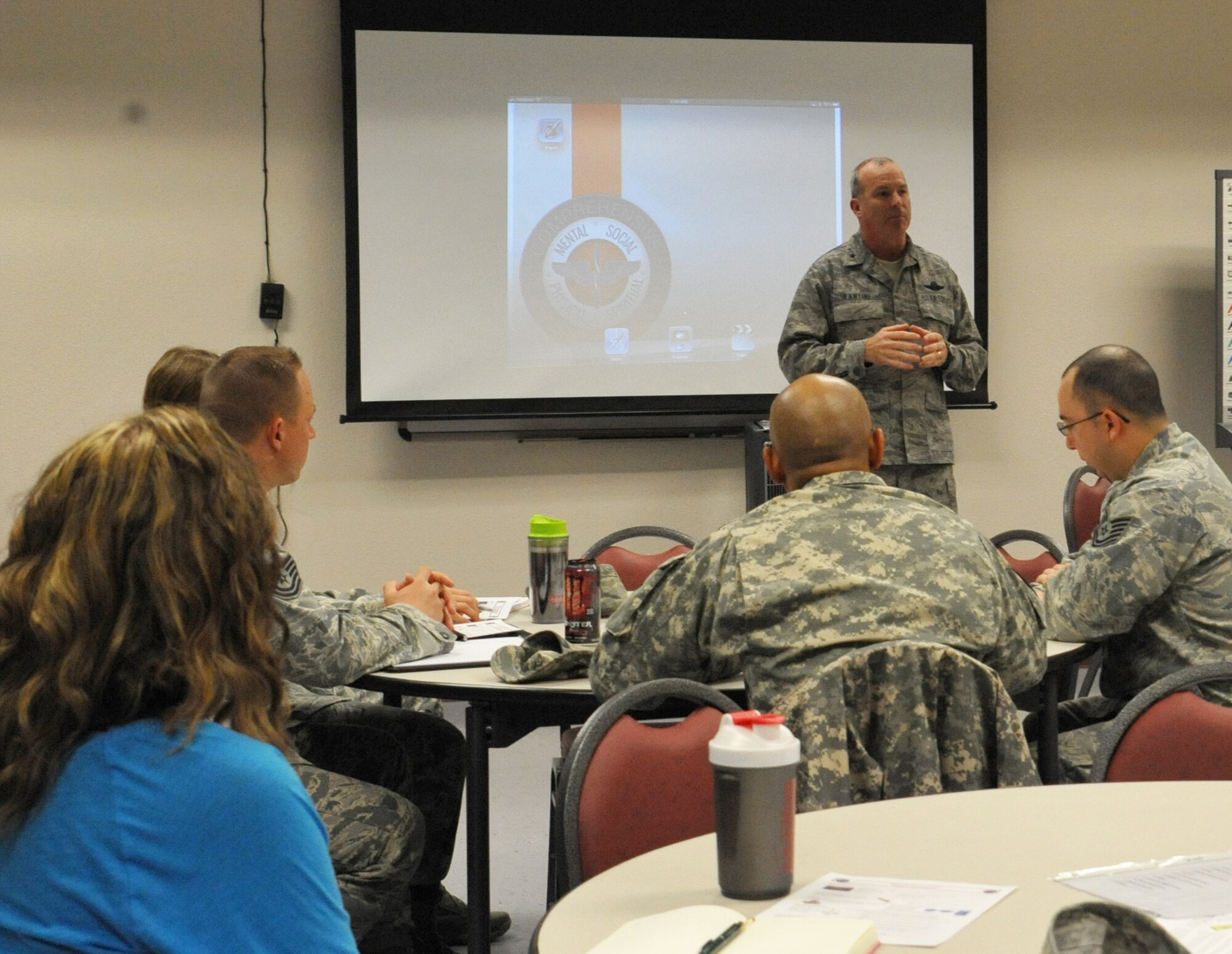 Brig. Gen. Michael Fantini stopped by the Comprehensive Airman Fitness (CAF) training on Feb. 20 to thank all of the individuals for volunteering. Twenty Airmen both military and civilian volunteers were the first group to participate in CAF training (U.S. Air Force Photo/Kimberly Parker). 