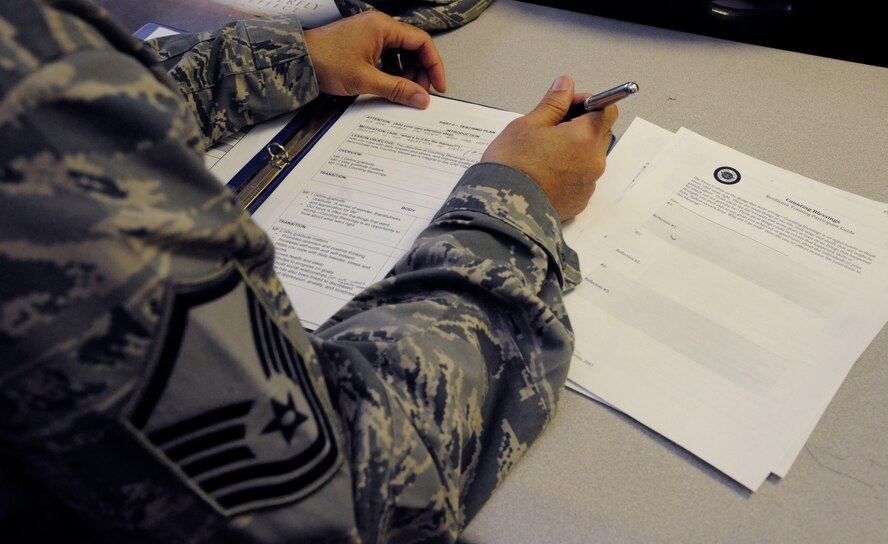 A master sergeant fills out forms during Resilience Training Assistant training on Barksdale Air Force Base, La., Feb. 26. The class is part of an Air Force wide initiative to train RTAs who are able to provide Airmen the tools to deal with challenges in their lives. (U.S. Air Force photo/Airman 1st Class Andrew Moua)