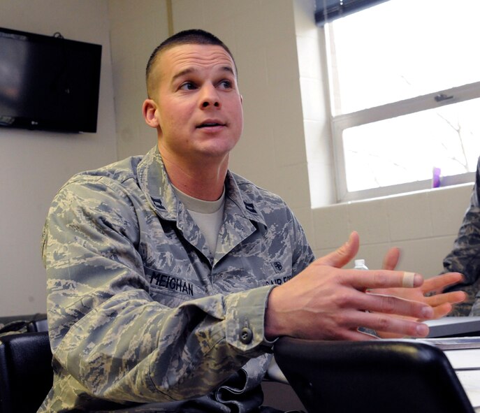 Capt. Benjamin Meighan, 2nd Medical Support Squadron, recounts his personal story of resilience during Resilience Training Assistant training on Barksdale Air Force Base, La., Feb. 26. The class teaches various ways Airmen can be resilient: physical, mental, spiritual and social. Airmen in this class will go back to their units as RTAs and provide other Airmen the tools to balance out all forms of resiliency. (U.S. Air Force photo/Airman 1st Class Andrew Moua)