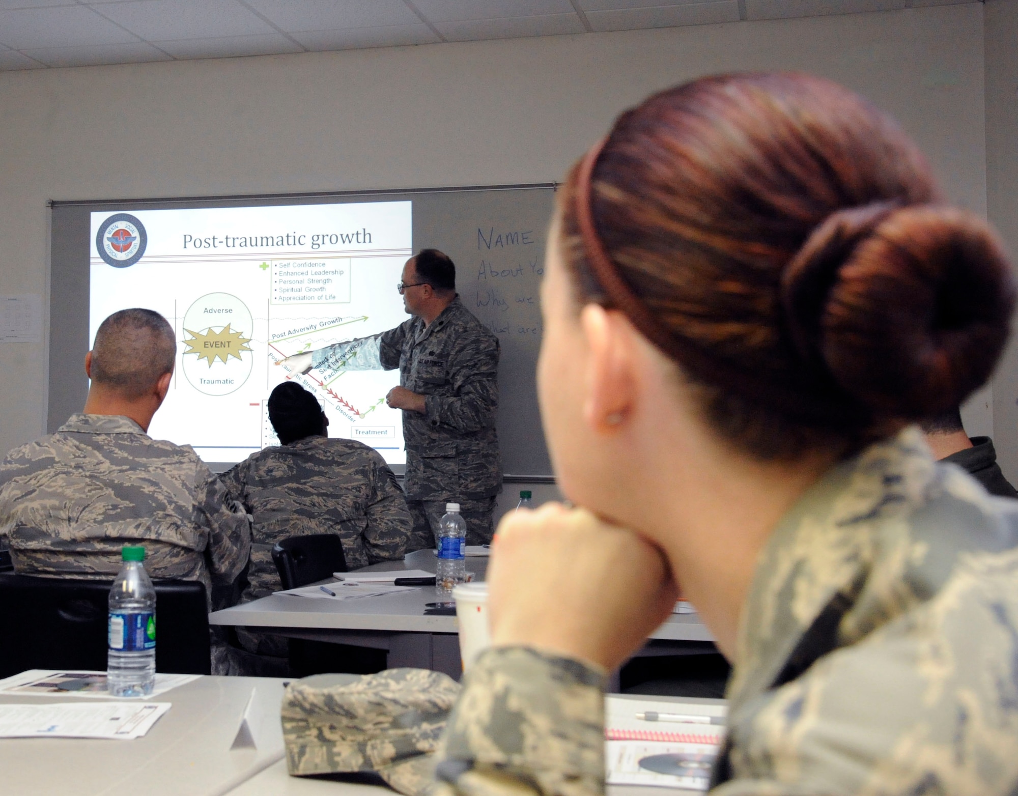 Lt. Col. Michael Rakoczy, Air Force Global Strike Command master resiliency trainer, briefs Airmen during Resiliency Training Assistant training on Barksdale Air Force Base, La., Feb. 26. Airmen will go back to their units as RTAs and provide other Airmen the tools to deal with problems in everyday life. (U.S. Air Force photo/Airman 1st Class Andrew Moua)