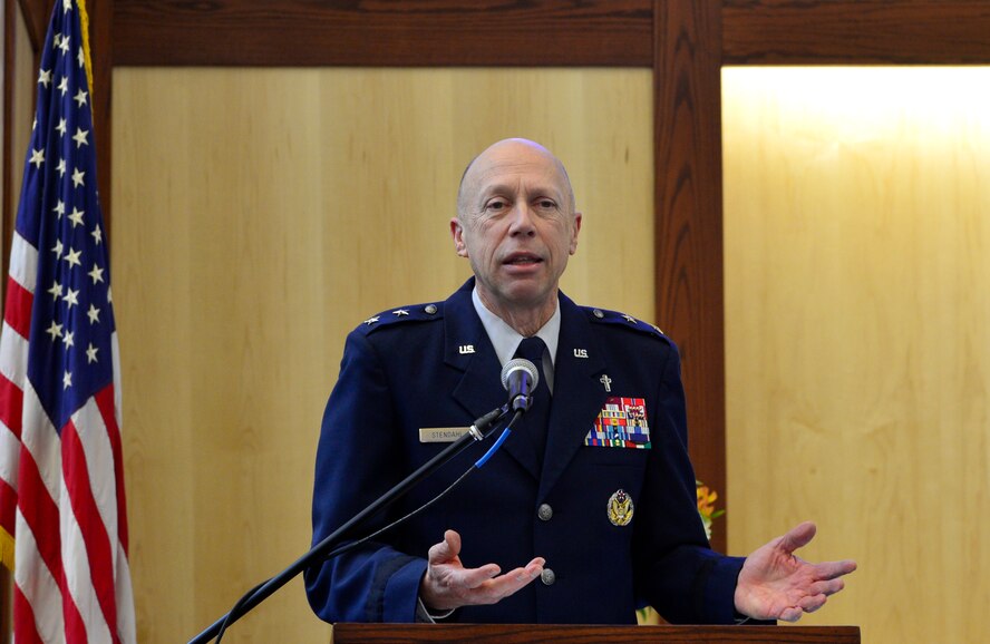 Chaplain (Maj. Gen.) Howard Stendahl, U.S. Air Force chief of chaplains, speaks at the ribbon cutting ceremony for the new base chapel Feb. 25, 2013, at Dover Air Force Base, Del. The new chapel not only will meet the spiritual needs of Team Dover, but has an annex to meet the needs of the Air Force Mortuary Affairs Operations. (U.S. Air Force photo/David Tucker)