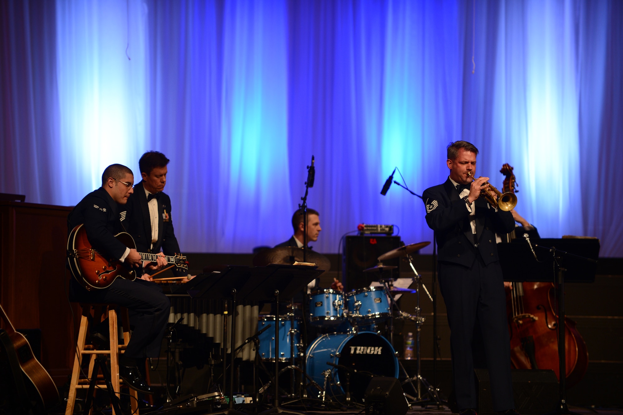 Master Sgt. Dave Dell, Air Force Rhythm in Blue NCO in charge and trumpeter, performs a solo during one of the bands selections at Alice Drive Baptist Church, Sumter, S.C., Feb. 19, 2013. The ensemble is comprised of 15 musicians, some well versed in multiple instruments, who perform jazz, blues and funk music. (U.S. Air Force photo by Airman 1st Class Daniel Blackwell/Released)