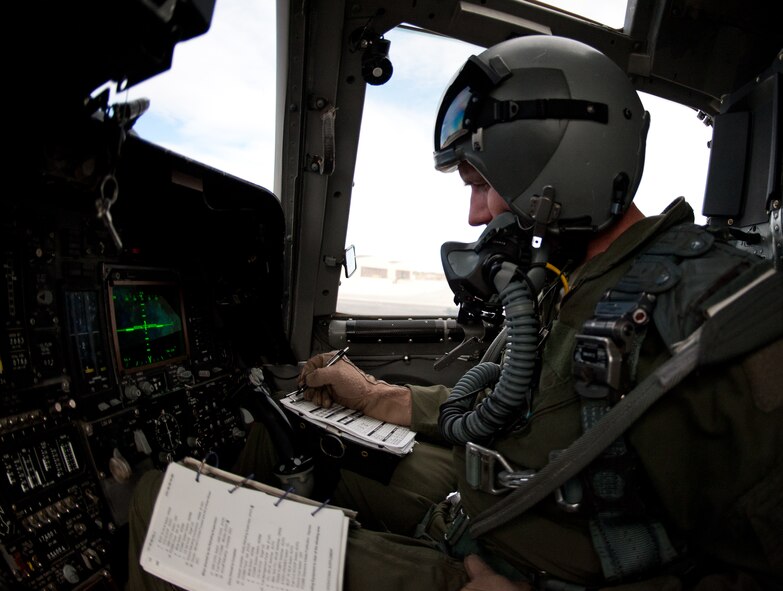 Lt. Col. Barry Hutchinson, 28th Bomb Wing chief of plans, records control readings during a hot pit refuel of a B-1 bomber at Ellsworth Air Force Base, S.D., Feb. 12, 2013. Hot pit refueling, usually performed in a combat environment, is a carefully controlled process during which two engines continue running, which reduces maintenance turn time for the aircraft. (U.S. Air Force photo by Airman 1st Class Alystria Maurer/Released)