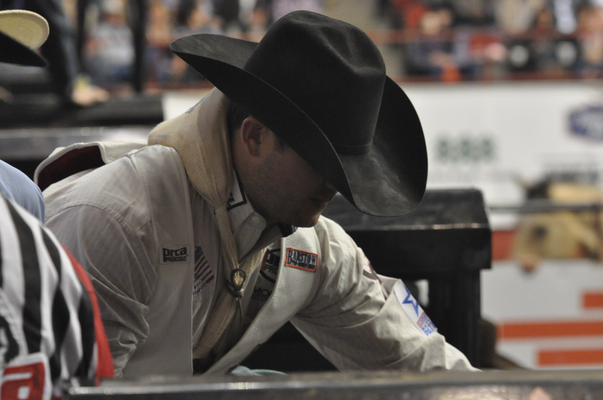 SAN ANGELO, Texas – Jerod Johnston, San Angelo Stock Show and Rodeo competitor, gets ready for the bareback horse riding competition at the Foster Communication Coliseum, Feb. 20. Johnston was one of 79 competitors in the event. (U.S. Air Force photo/ Airman 1st Class Joshua Edwards)