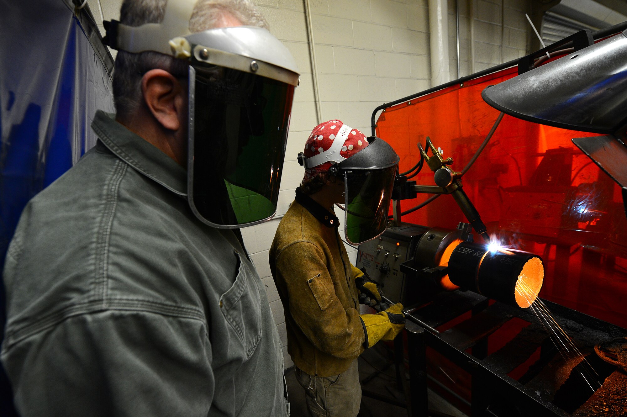 U.S. Air Force Master Sgt. Ret. Walter Lumbert, aerospace ground equipment technician, overseas his structural welding class at Central Carolina Technical College, Sumter, S.C., Feb. 20, 2013. Lumbert, who served for 18 years at Shaw, now instructs the course at CCTC.  Lumbert attained his certification while enlisted and upon his retirement was offered the position to build up the welding program at CCTC. (U.S. Air Force photo by Airman 1st Class Nicole Sikorski/Released)