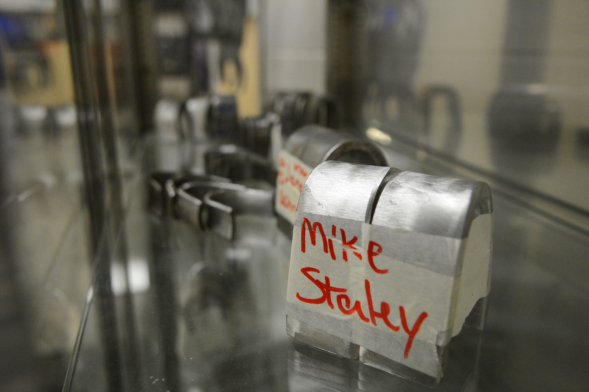 Projects finished by students in the structural welding program at Central Carolina Technical College sit in a glass case on display in Sumter, S.C., Feb. 20, 2013.  U.S. Air Force Master Sgt. Ret. Walter Lumbert, aerospace ground equipment technician, who served for 18 years at Shaw, now instructs the course at CCTC.  Lumbert attained his certification while enlisted and upon his retirement was offered the position to build up the welding program at CCTC. (U.S. Air Force photo by Airman 1st Class Nicole Sikorski/Released)