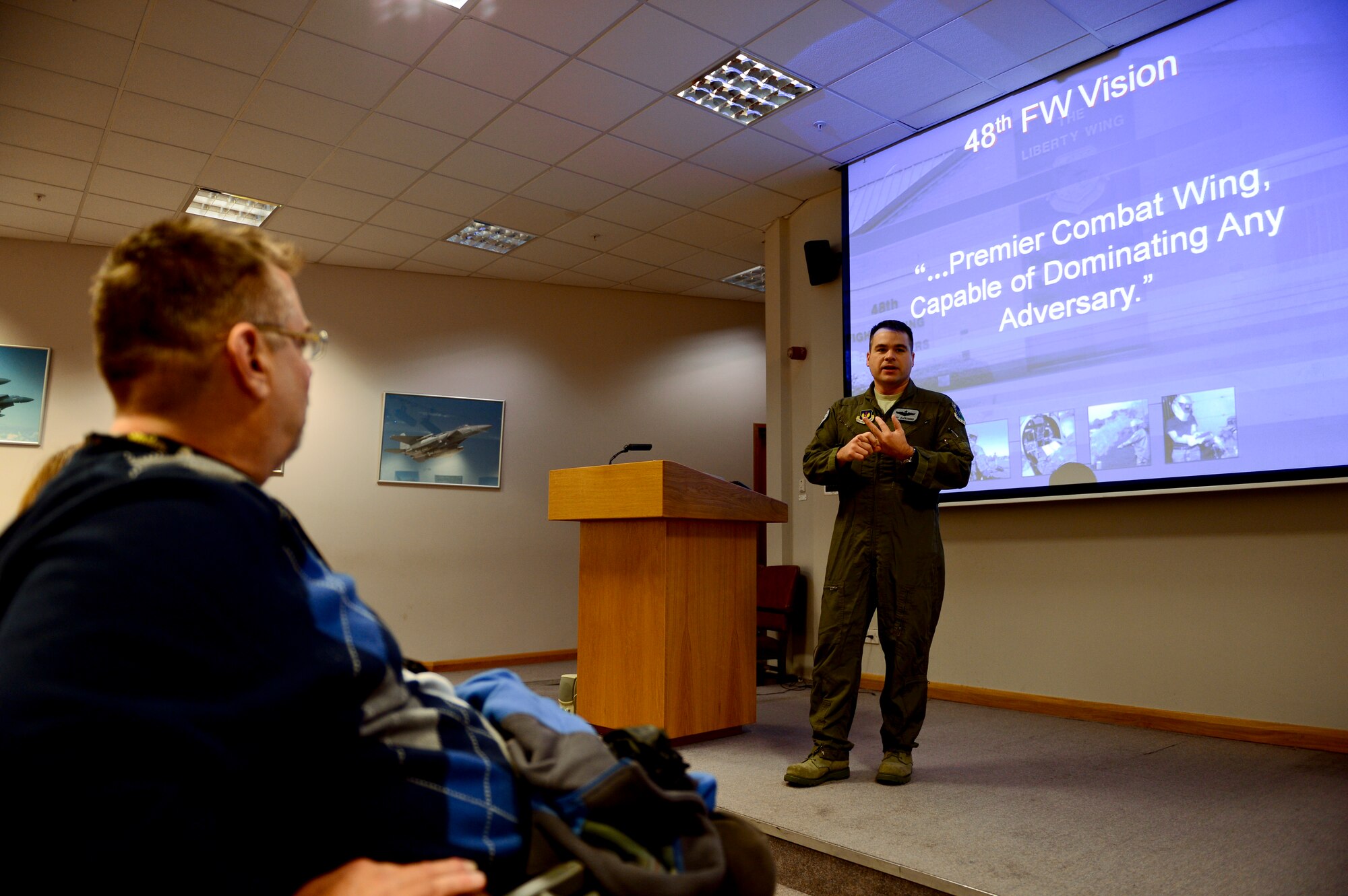 ROYAL AIR FORCE LAKENHEATH, England - Lt. Col. Jeff Alexander, 48th Operations Group director of operations, explains the 48th OG mission and priorities of the 48th Fighter Wing during an immersion program Feb. 22, 2013. Airmen from RAFs Lakenheath and Mildenhall were invited to see firsthand the capabilities 48th OG by visiting different squadrons within the group. (U.S. Air Force photo by Staff Sgt. Stephanie Mancha)
