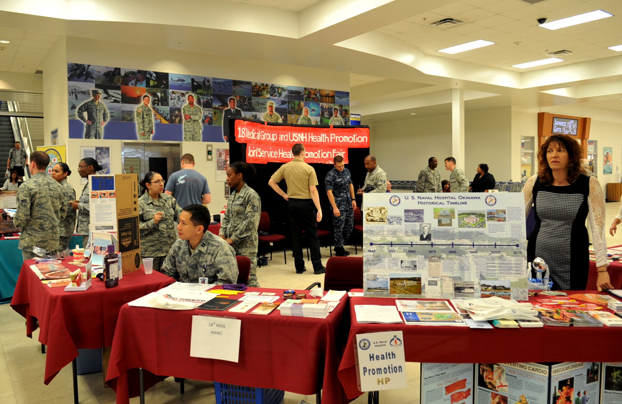 A Joint Health Promotion Fair was held at the Exchange on Kadena Air Base, Japan, Feb. 21, 2013. The fair included high blood pressure education booths, sickle-cell disease awareness booths, diabetes awareness booths and laboratory service representatives who shared vital information with base residents from across the island. (U.S. Air Force photo/Naoto Anazawa)