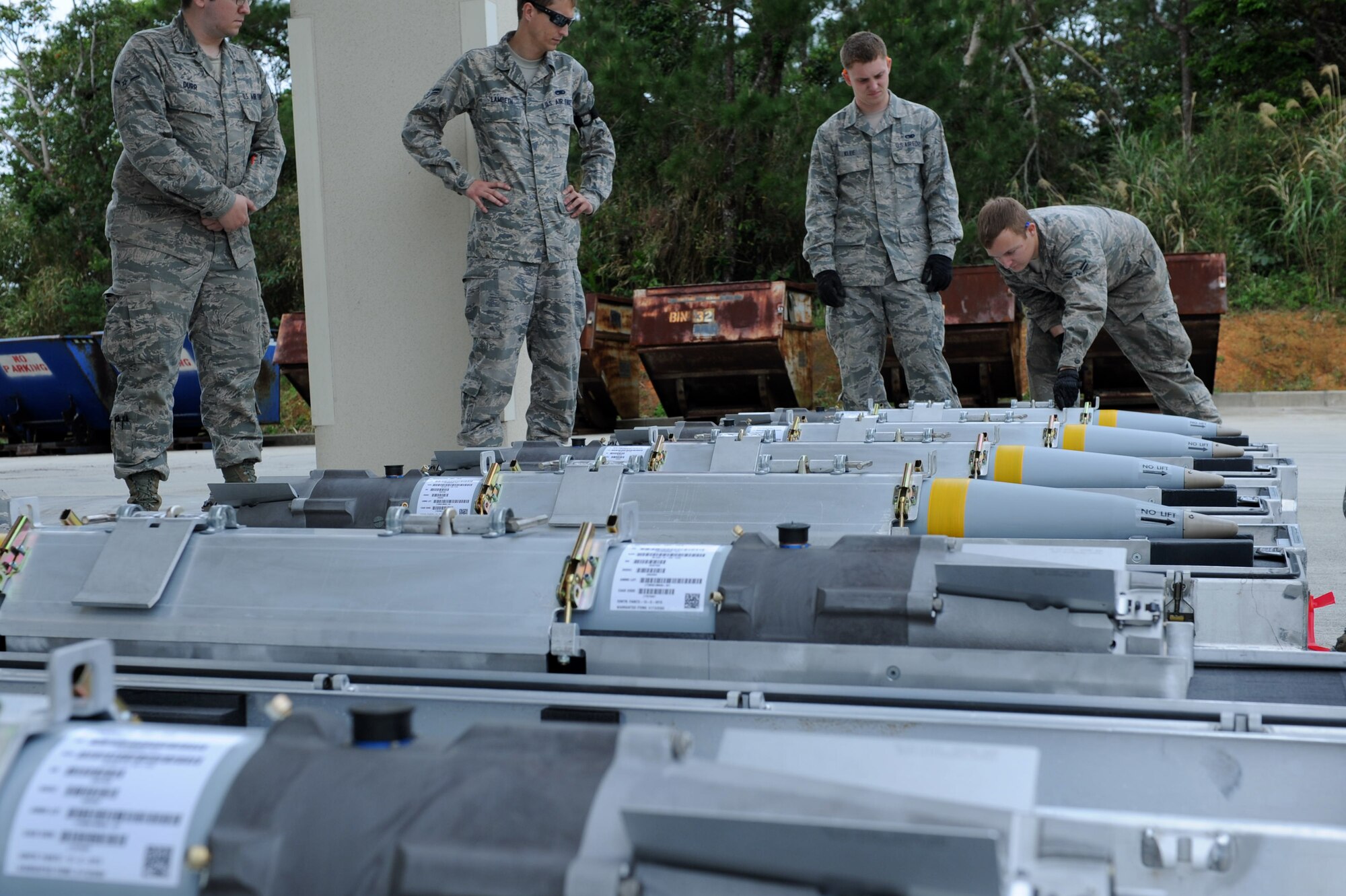Bombs are laid out in preparation for a combat ammunition production exercise on Kadena Air Base, Japan, Feb. 22, 2013. CAPEX is a Pacific Air Forces-wide exercise that involves various bases within PACAF and units from the United States to employ an operation plan for air-to-ground missions. (U.S. Air Force photo/Airman 1st Class Hailey R. Davis)
