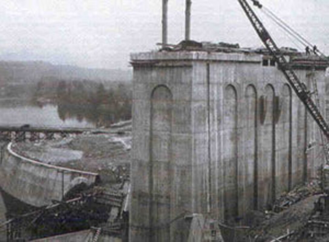 Construction on Franklin Falls Dam, Franklin, N.H., prior to being brought into service. Franklin Falls Dam was built and constructed in 1943 on the Pemigewasset River to protect cities and towns along the Merrimack from flood damage. Since it's conception in 1943, the dam has prevented over $165 million in damages. Also, by using flood control land, we are able to create and manage recreational opportunities for every age. Many people enjoy hunting, fishing, hiking, biking, kayaking and snowshoeing. (U.S. Army Corps of Engineers photo)