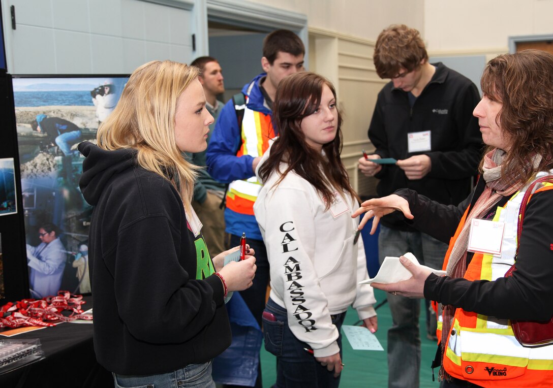 High school students from a dozen Portland-area schools visited Bonneville Lock and Dam on Feb. 21, 2013, to celebrate Engineer Day. Local engineering firms hosted a mini job fair to encourage students to choose a STEM profession.