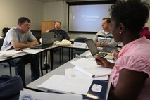 Participants interested in learning more about business and entrepreneurship attended the business class aboard Marine Corps Air Station New River Feb. 14. The class covers amultitude of business areas and is instructed by Steve Gill the business and training director for Coastal Carolina Community College.



