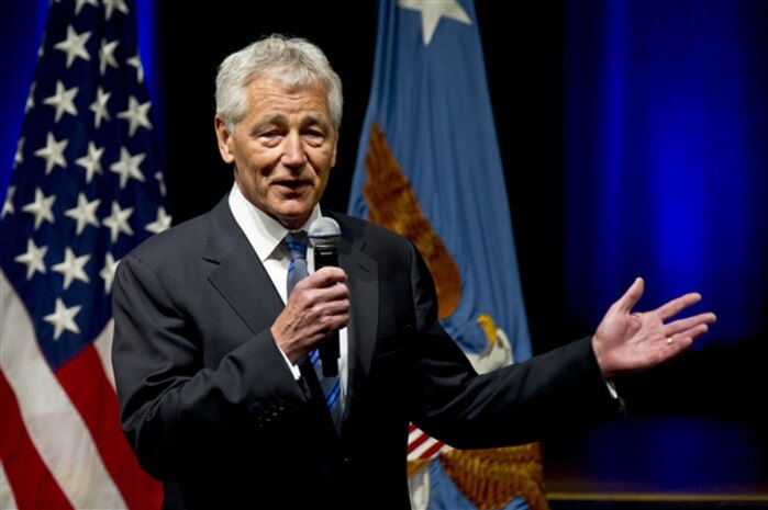 New Defense Secretary Chuck Hagel addresses Pentagon employees and service members during an all-hands call during his first day at the Pentagon, Feb. 27, 2013. Hagel earlier took the oath of office to serve as the 24th defense secretary. 