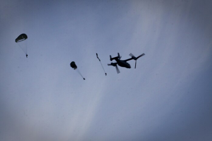 Marine Medium Tiltrotor Squadron 263 provided support to special operators, including Navy SEALs, Air Force combat controllers and Army Special Forces, with parachute operations in Emporia Airfield, Va., Feb. 20-21. The special operators performed military free falls from 12,500 feet in the air from two MV-22B Ospreys and a static line jump from 1,500 feet. 

