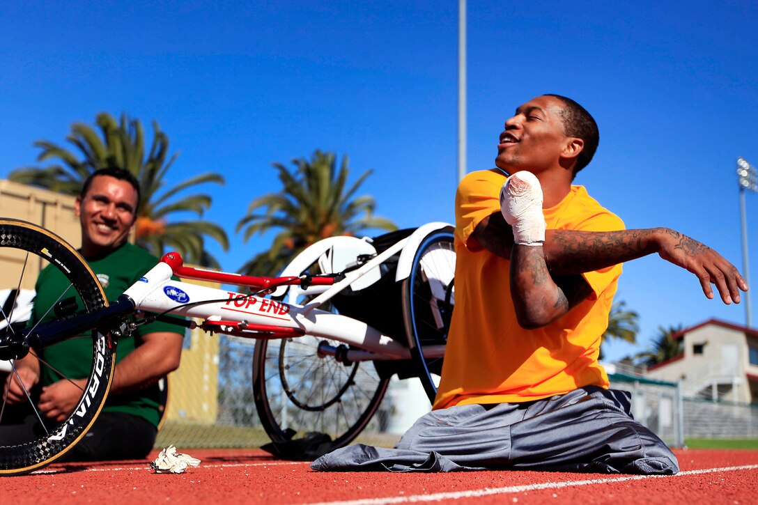 Anthony McDaniel, a Marine veteran from Pascagoula, Miss., stretches here Feb. 27 after a morning of cycle training for the upcoming Marine Corps Trials. McDaniel also competes in basketball and track and field. Wounded, ill and injured Marines are slated to compete in the 2013 Marine Corps Trials here March 1-6.
